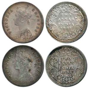 Victoria Empress, Silver 2 Annas (2), 1881, Calcutta Mint, 'C' incused and Bombay Mint, wi