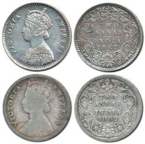 Victoria Empress, Silver 2 Annas (2), 1882, Calcutta Mint, 'C' incused and Bombay Mint, wi