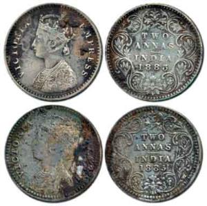 Victoria Empress, Silver 2 Annas (2), 1883, Calcutta Mint, 'C' incused and Bombay Mint, wi