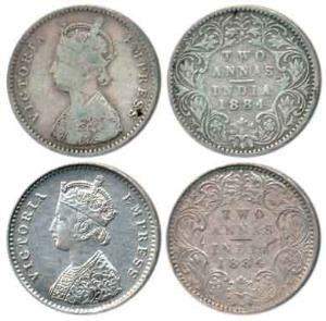 Victoria Empress, Silver 2 Annas (2), 1884, Calcutta Mint, No Mint Mark and Bombay Mint, '
