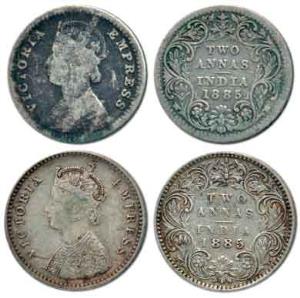 Victoria Empress, Silver 2 Annas (2), 1885, Calcutta Mint, 'C' incused and Bombay Mint, 'B