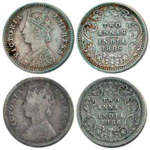 Victoria Empress, Silver 2 Annas (2), 1886, Calcutta Mint, 'C' incused, and Bombay Mint, '