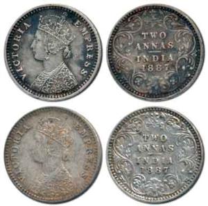 Victoria Empress, Silver 2 Annas (2), 1887, Bombay Mint, 'B' incused. Very Fine, Scarce. (