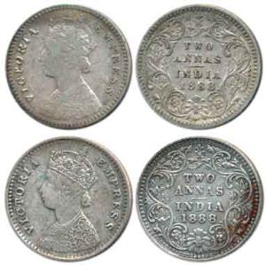 Victoria Empress, Silver 2 Annas (2), 1888, Calcutta Mint, No Mint Mark and Bombay Mint, '