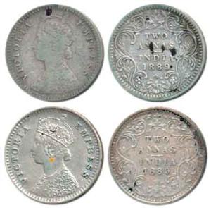 Victoria Empress, Silver 2 Annas (2), 1889, Calcutta Mint, 'C' incused and Bombay Mint, 'B