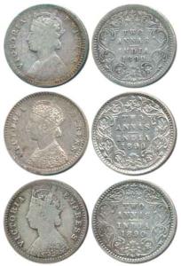 Victoria Empress, Silver 2 Annas (3), 1890, Calcutta Mint, 'C' incused and Bombay Mint, 'B