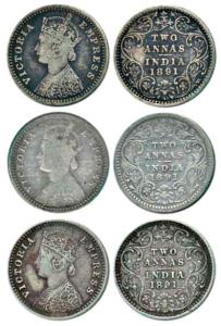Victoria Empress, Silver 2 Annas (3), 1891, Calcutta Mint, 'C' incused and Bombay Mint, 'B