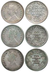 Victoria Empress, Silver 2 Annas (3), 1892, Calcutta Mint, 'C' incused (2), and Bombay Min