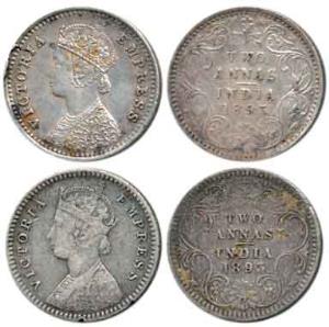 Victoria Empress, Silver 2 Annas (2), 1893, Calcutta Mint, 'C' incused and Bombay Mint, 'B