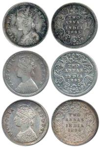 Victoria Empress, Silver 2 Annas (3), 1894, Calcutta Mint, 'C' incused (2) and Bombay Mint