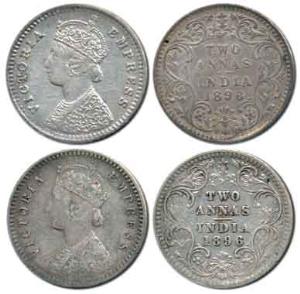 Victoria Empress, Silver 2 Annas (2), 1896, Calcutta Mint, 'C' incused and Bombay Mint, 'B