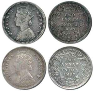 Victoria Empress, Silver 2 Annas (2), 1897, Calcutta Mint, 'C' incused and Bombay Mint, 'B