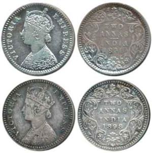 Victoria Empress, Silver 2 Annas (2), 1898, Calcutta Mint, 'C' incused and Bombay Mint, 'B