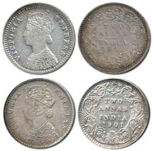 Victoria Empress, Silver 2 Annas (2), 1901, Calcutta Mint, 'C' incused and Bombay Mint, 'B