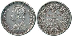 Victoria Queen, Silver ¼ Rupee, 1874, Bombay Mint, with dot. Very Fine, Rare.