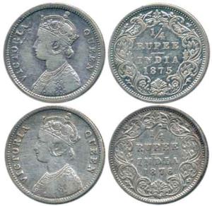 Victoria Queen, Silver ¼ Rupee (2), 1875 and 1876, Calcutta Mint, No Mint Mark. About Very