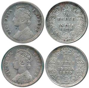 Victoria Empress, Silver ¼ Rupee (2), 1878, Calcutta Mint, No Mint Mark and 1879, Calcutta