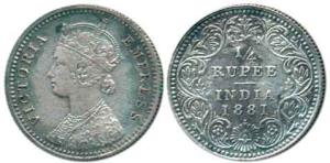 Victoria Empress, Silver ¼ Rupee, 1881, Bombay Mint, with dot. Very Fine, Rare.