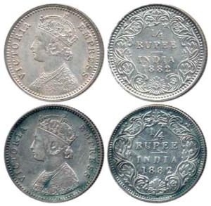 Victoria Empress, Silver ¼ Rupee (2), 1882, Calcutta Mint, 'C' incused and Bombay Mint, wi
