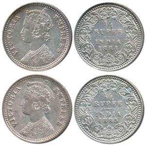 Victoria Empress, Silver ¼ Rupee (2), 1884, Calcutta Mint, 'C' incused and 1885, Calcutta 