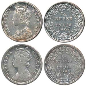 Victoria Empress, Silver ¼ Rupee (2), 1886, Calcutta Mint, 'C' incused and 1887, Bombay Mi