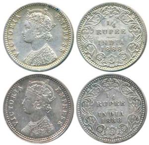 Victoria Empress, Silver ¼ Rupee (2), 1888, Calcutta Mint, No Mint Mark and Bombay Mint, '