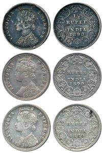 Victoria Empress, Silver ¼ Rupee (3), 1889, Bombay Mint, 'B' incused, 1890, Calcutta Mint,