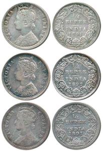 Victoria Empress, Silver ¼ Rupee (3), 1891, Calcutta Mint, 'C' incused, Bombay Mint, 'B' i