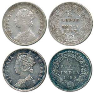 Victoria Empress, Silver ¼ Rupee (2), 1893, Calcutta Mint, 'C' incused and Bombay Mint, 'B