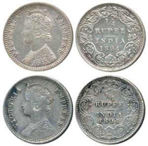 Victoria Empress, Silver ¼ Rupee (2), 1894, Calcutta Mint, 'C' incused and Bombay Mint, 'B