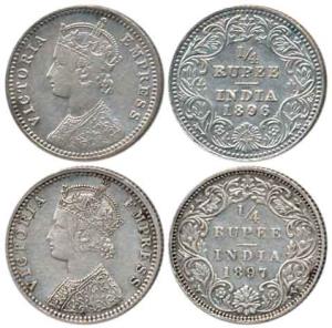 Victoria Empress, Silver ¼ Rupee (2), 1896, Calcutta Mint, 'C' incused and 1897, Bombay Mi
