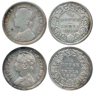 Victoria Empress, Silver ¼ Rupee (2), 1898, Calcutta Mint, 'C' incused and Bombay Mint, 'B