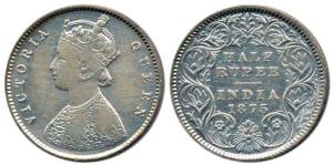 Victoria Queen, Silver ½ Rupee, 1875, Calcutta Mint, obv. A, rev. I, No Mint Mark. About V