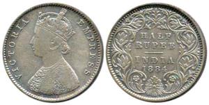 Victoria Empress, Silver ½ Rupee, 1884, Calcutta Mint, obv. A, rev. I, 'C' incused. About 
