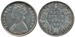 Victoria Empress, Silver ½ Rupee, 1884, Bombay Mint, obv. A, rev. II, No Mint Mark. Fine+,