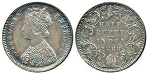 Victoria Empress, Silver ½ Rupee, 1888, Bombay Mint, obv. A, rev. II, 'B' raised. Extremel