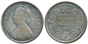 Victoria Empress, Silver ½ Rupee, 1889, Calcutta Mint, obv. A, rev. I, 'C' incused. Fine+,