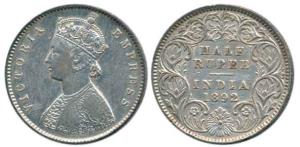 Victoria Empress, Silver ½ Rupee, 1892, Calcutta Mint, obv. A, rev. I, 'C' incused. Very F