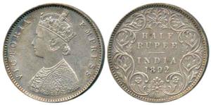 Victoria Empress, Silver ½ Rupee, 1892, Bombay Mint, obv. A, rev. I, 'B' incused. Very Fin