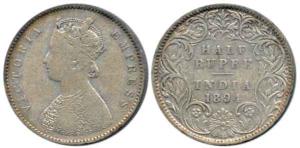 Victoria Empress, Silver ½ Rupee, 1894, Bombay Mint, obv. A, rev. I, 'B' incused. About Ve