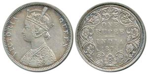 Victoria Queen, Silver Rupee, 1874, Bombay Mint, A2 / II / no dot. Very Fine, Scarce.
