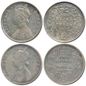 Victoria Queen, Silver Rupee (2), 1875, Calcutta Mint, A1 / I / No Mint mark and Bombay Mi