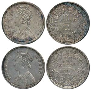 Victoria Queen, Silver Rupee (2), 1876, Calcutta Mint, A1 / I / No Mint mark and Bombay Mi