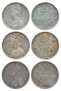 Victoria Empress, Silver Rupee (3), 1877, Calcutta Mint, A1 / I / No Mint mark, Bombay Min