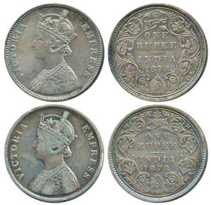 Victoria Empress, Silver Rupee (2), 1878, Calcutta Mint, A1 / I / No Mint mark and Bombay 