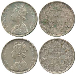 Victoria Empress, Silver Rupee (2), 1882, Calcutta Mint, A1 / I / 'C' incused, Bombay Mint