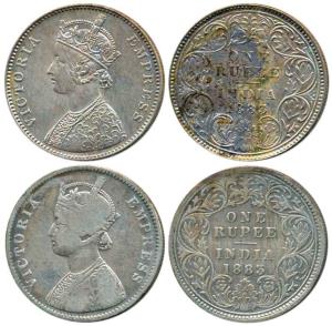 Victoria Empress, Silver Rupee (2), 1883, Calcutta Mint, A1 / I / 'C' incused and Bombay M