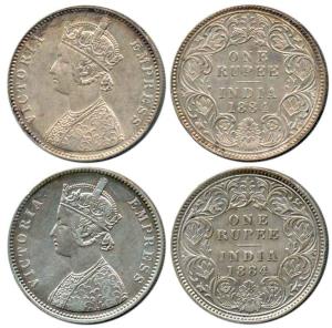 Victoria Empress, Silver Rupee (2), 1884, Calcutta Mint, A1 / I / 'C' incused and Bombay M