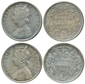 Victoria Empress, Silver Rupee (2), 1885, Bombay Mint, A3 / II / 'B' raised and C2 / I / '