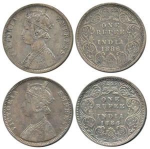 Victoria Empress, Silver Rupee (2), 1886, Calcutta Mint, C2 / I / 'C' incused (Mule) and B